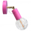 Pink adjustable wall light with brass arm.