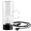 Black porcelain table lamp with glass shade.