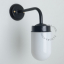 Black retro wall light with glass globe for bathroom or outdoor use.