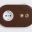 Brown flush mount outlet with switch & pushbutton in brass.