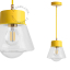 Yellow pendant light with glass shade.