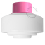 Pink ceiling light with glass shade.