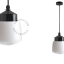 Black bakelite pendant light with glass shade.