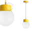 Yellow pendant light with glass shade.