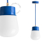 Blue pendant light with glass shade.