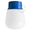 Blue ceiling light with glass shade.