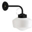 Black retro wall light with glass globe for bathroom or outdoor use.