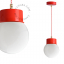 Red pendant light with glass shade.