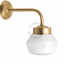 Brass retro wall light with glass globe for bathroom or outdoor use.