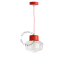 Red pendant light with glass shade.