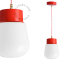 Red pendant light with glass shade.