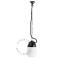 Black porcelain pendant light for outdoor use with glass globe.