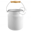 Small compost bin in white enamel with wooden handle.