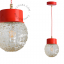 Red pendant light with glass shade.