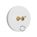 Round white two-way light switch with brass toggle and pushbutton
