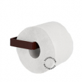 Brown metal toilet paper holder.