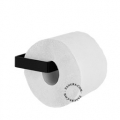 Black metal toilet paper holder.