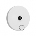 Round white light switch with black pushbutton.
