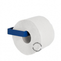 Blue metal toilet paper holder.
