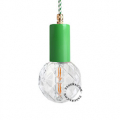 Green pendant light with exposed bulb.