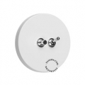 Round white light switch with two-way toggle and pushbutton.