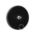 Round black light switch with nickel-plated pushbutton.