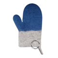 Blue felted oven mitt.