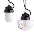 Black porcelain pendant light for outdoor use with glass globe.