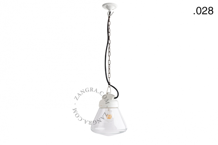 White porcelain pendant light with glass globe.