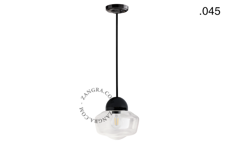 Black porcelain ceiling light with glass shade.