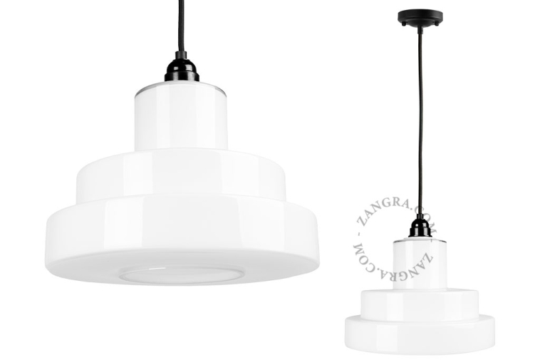 Art Deco pendant light with opal glass lampshade.