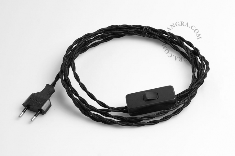 Black twisted textile cable with plug and switch.