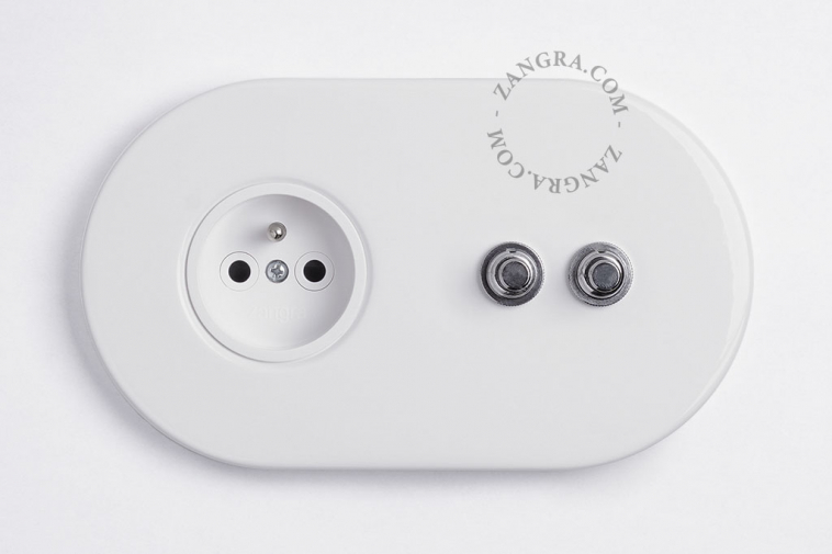 white wall outlet with double switch - nickel-plated pushbuttons