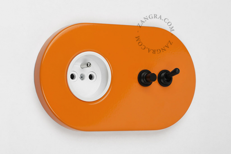 orange flush mount outlet & two-way or simple switch – black toggle & pushbutton