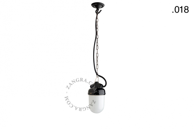 black porcelain pendant light for outdoor use with glass globe