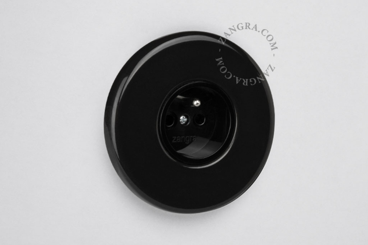 Round black porcelain flush mount outlet.
