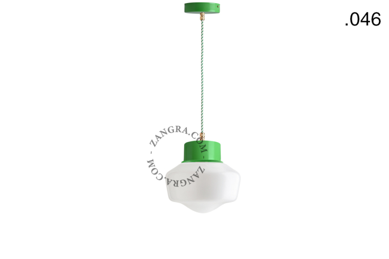 Green pendant light with glass shade.