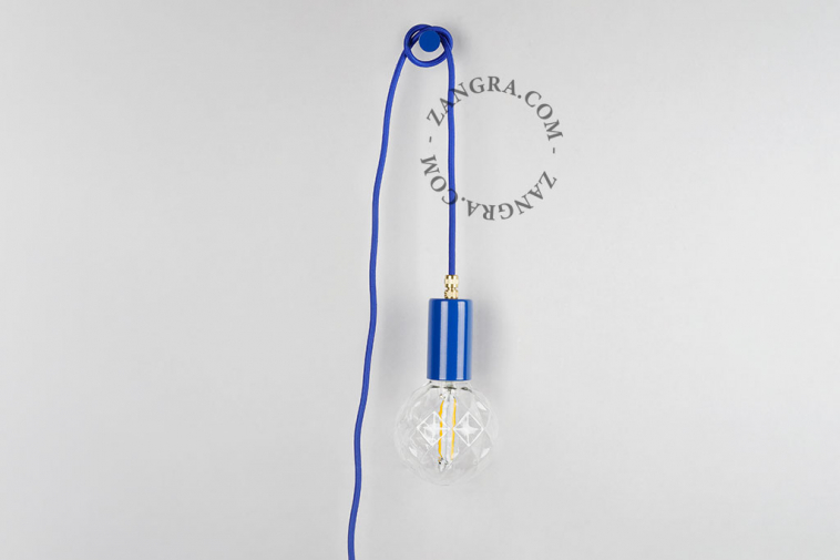 Blue plug-in pendant light with switch and plug.