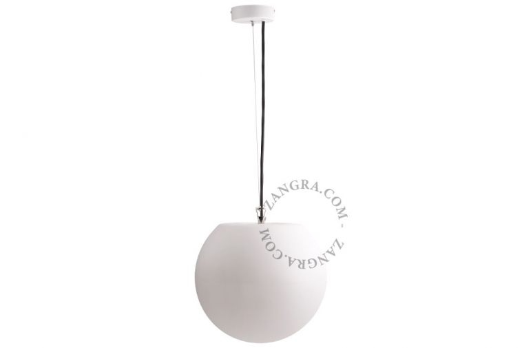 Pendant light with frosted globe for outdoor or bathroom use.