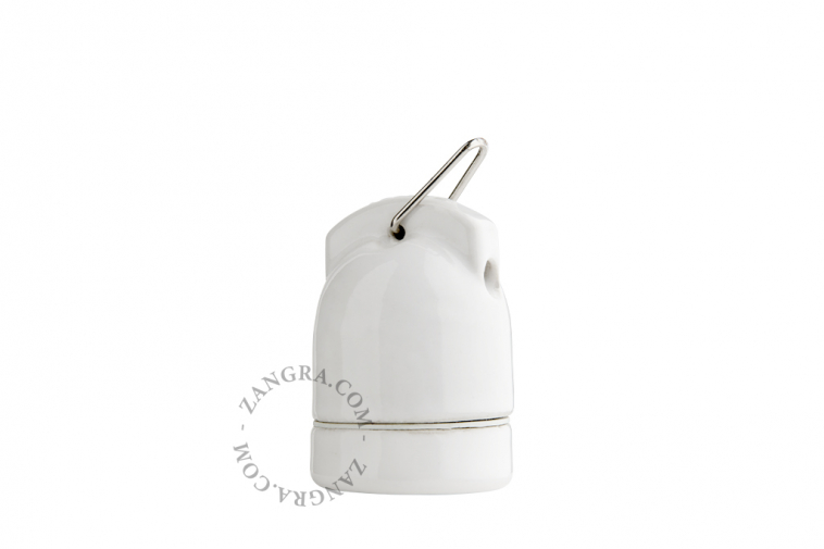 White porcelain lampholder with hook.
