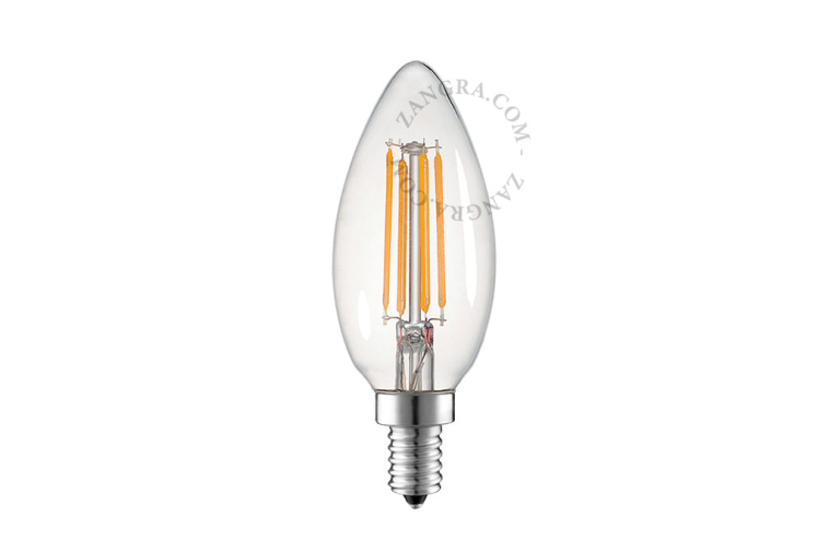 Candelabra E14 filament LED light bulb with clear glass.