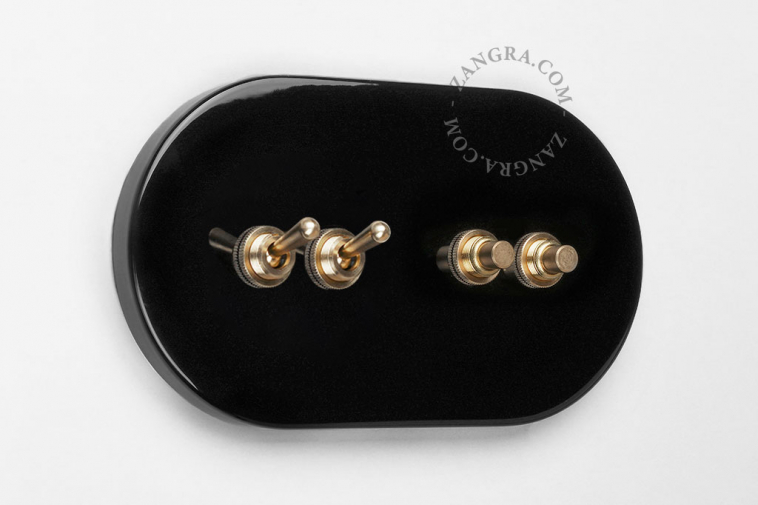 Black switch with 2 raw brass pushbuttons and 2 toggles.