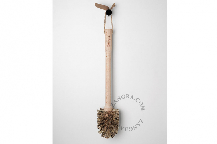 Black porcelain toilet brush holder with wooden brush.