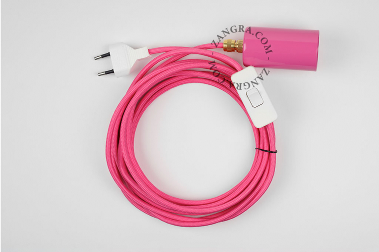 Pink plug-in pendant light with switch and plug.