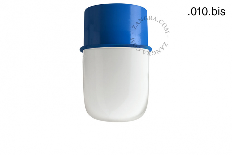 Blue ceiling light with glass shade.