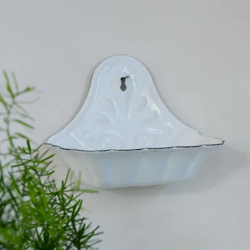 Retro white enamel soap dish to hang on the wall.