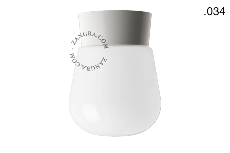 White ceiling light with glass shade.