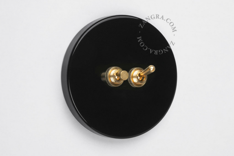 Black round switch with brass pushbutton and lever.