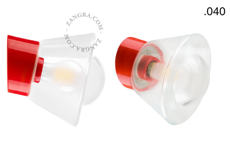 Red porcelain wall light with glass lampshade.