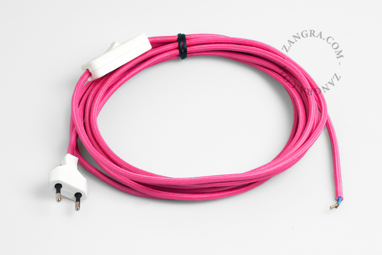 cable tissu cordon d'alimention textile rose prise et interrupteur quincaillerie électrique